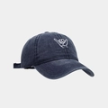 Close-up of navy washed canvas baseball cap with white hand gesture embroidery detail - Adjustable / Navy Blue