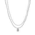 Double-layered necklace with white baroque pearls and rectangular cubic zirconia pendant - Double Layer Pearl Chain (Square Pendant - Natural Growth Lines)