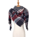 Red, blue and white checkered scarf with tassel trim on a beige mannequin - 135x135x200cm / SJ-50# Navy Blue