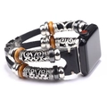 Detail of black leather watch strap with silver floral beads and wood accents - 38/40mm / Black