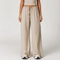 Pantalones anchos color albaricoque para mujer con cordón ajustable y top corto a juego - S / Lino