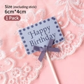 Blue Happy Birthday cake topper with purple bow and polka dots on pink lace - Small Bow Flag Topper - Grey (355)