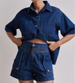 Dunkelblaues Denim-Set für Damen mit Kurzarmhemd und High-Waist-Shorts für den Sommer - L / Oberteil Und Unterteil / Dunkelblau