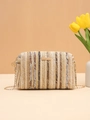 Brown and beige striped straw crossbody bag with golden chain strap and bar detail - Gray