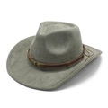 Close-up of grey suede western cowboy hat with a bronze skull metal buckle ornament - M (56-59cm) / Army Green