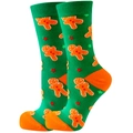 Green Christmas gingerbread man pattern cotton crew socks with orange heel and toe accents - 37-44 / Green Cookie