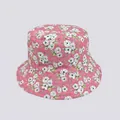 Detailed close-up of rose flower print and durable cotton fabric on the sun bucket hat - M (56-58cm) / Pink White Flower Green Leaf (14#)