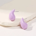 Close-up of minimalist lavender teardrop stud earrings with a glossy ceramic-like finish - Light Purple
