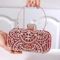 Detailansicht der glitzernden Blumen-Strasssteine auf der weinroten Abendtasche - Rot