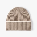 Gorro de punto marrón claro minimalista con raya blanca y textura acanalada - Caqui con raya beige