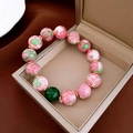 Vintage ceramic beaded elastic bracelet with colorful oil-drip texture and gold plating - 79# Pink Real Gold Plated Bracelet