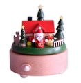 Carillon natalizio in legno con Babbo Natale e alberi di Natale su base in legno chiaro - Casa di Babbo Natale con Base Rotonda in Legno (1547)
