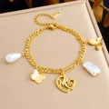 Double-layered gold chain bracelet with butterfly, pearl, and heart Mom charms - Mom Heart Butterfly and Pearl Double Layer Style (B1615)
