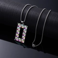 Silver stainless steel box chain necklace with rectangle iridescent crystal pendant - Square Tag