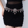 Close-up of vintage silver coin waist chain with red gemstones on black dress - Red Diamond Seven Teardrops / Silver / 17.5