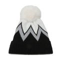 Winter-Strickmütze mit geometrischem Wellenmuster und flauschigem Kunstfell-Bommel - M (56-58cm) / Schwarz