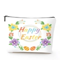 Detail of Happy Easter printed linen cosmetic bag with floral wreath and black zipper - Easter Wreath