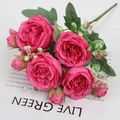 Top view of pink artificial silk roses with green leaves and buds for home decoration - 5-Head Peony / Rose Red