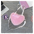 Pink heart-shaped ita bag with clear window and white strap on plaid background - Pink