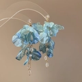 Detail of blue fabric flower earrings with gold chains, beads and elegant pearls - 64# 925 Sterling Silver Earring Post-Blue-Cloth Gradient Flower (HE24970)