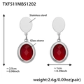 Silver stainless steel earrings with red glass stone inlay showing product dimensions - Steel Earrings - Red Glass Stone