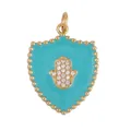 Sky blue enamel shield pendant with Hamsa hand and pavé cubic zirconia in golden finish - Turquoise Blue-Hamsa Hand