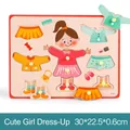 Wooden peg puzzle featuring a girl character with mint green dress and various outfits - Girl Dress-up