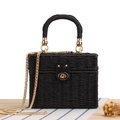 Classic black woven box handbag with round top handle and golden chain strap - Black