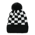 Black and white checkerboard knit beanie with faux fur pom pom for winter warmth - M (56-58cm) / Black