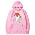 Pink Halloween hoodie for men and women featuring a cute ghost graphic with a coffee cup - S / Pink