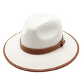 Cappello fedora in paglia bianca con fascia in cuoio marrone e borchie per protezione solare estiva - M (56-58cm) / Bianco