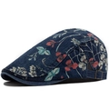 Vintage donkerblauwe denim platte pet met bloemenprint en verstelbare metalen gesp - Verstelbaar / Donkerblauw