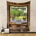 Bohemian wall tapestry with sunlit garden window landscape for room background decor - Vintage Courtyard Window View (GT230322)