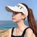 Minimalist white knitted sport sun visor hat with black letters for outdoor beach activities - Knitted Empty Top Hat / White (SPORT Pattern)