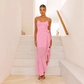 Pink ruffled summer dress with thin straps and draped chiffon fabric for formal events - S / Pink