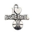 Silver alloy I Love Basketball sports pendant with detailed ball texture and engraving - I Love Basketball Heart