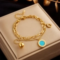 Zweilagiges goldenes Armband mit Türkis-Anhänger und römischen Ziffern auf Display - Römische Ziffern Runde Platte Türkis Mehrlagiger Stil (B741)