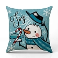 Linen Christmas pillow case featuring a snowman with Joy text on light blue background - Joy Snowman Illustration