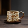 Japanese retro ceramic coffee cup with brown-white glaze and dark wooden coaster set - 241 Hammered Cup + Walnut Wood Saucer 250ml / Universal