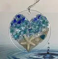 Sea glass beach suncatcher with heart shaped sand and starfish acrylic pendant decoration - Heart Style / 5cm