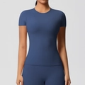 Close-up of tight-fitting navy blue athletic t-shirt with smooth brushed texture - S / Navy Blue