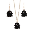 Detail of Halloween ghost jewelry set with black enamel pendants and golden chain - Black Ghost Necklace Earring Set
