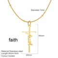 Golden stainless steel faith cross pendant necklace with 40cm chain and size measurements - Faith / Gold