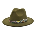 Detail of olive green fedora hat featuring a colorful snakeskin band and gold buckle - M (56-58cm) / Army Green