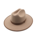 Detailed top view of a khaki wool fedora hat with a brown ribbon and a classic creased crown - M (56-58cm) / Khaki