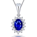 Elegant silver necklace featuring a deep blue oval gemstone with sparkling zircon halo - Blue Diamond Tz-18 [with Box And Chain]