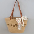 Straw tote bag with floral lace bow and brown leather handles in a woven wavy pattern - Hollow Lace Bow Style / Khaki