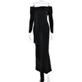 Elegante abito lungo nero senza spalline con vita drappeggiata e nastro fluente - S / Nero