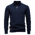 Maglione da uomo blu scuro con mezza zip, collo alto e trama a maglia a coste verticali - S / Blu Notte