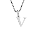 Polished silver stainless steel necklace with letter V pendant and box chain - Letter V-Steel
